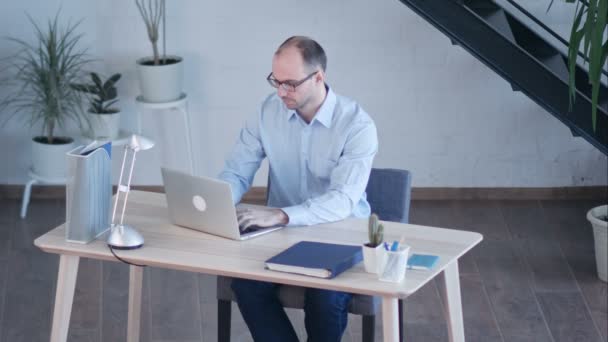 オフィスでノートパソコンを扱うハンサムなビジネスマン — ストック動画