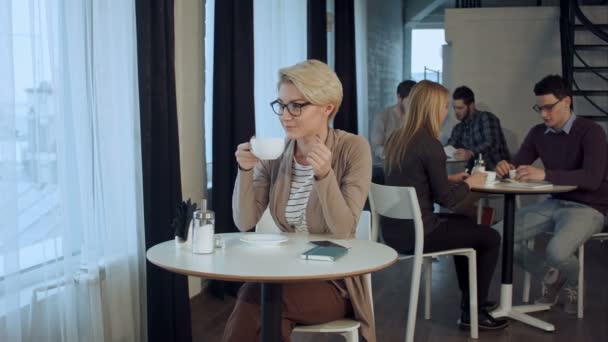 Çay içme ve düşünceli onu serbest zaman yalnız tadını çıkarırken kahvehane pencereden dışarı bakıyor genç güzel kadın portresi — Stok video