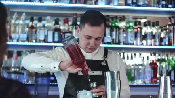Młody przystojny barman w bar wnętrze mieszanie alkohol koktail — Wideo stockowe