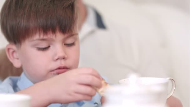 Concentrado menino cabelo escuro comer croissant de chocolate — Vídeo de Stock