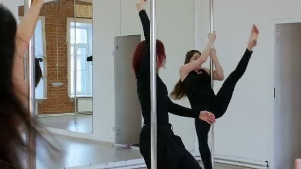 Group of beautiful women taking stretching in a pole dancing class — Stock Video