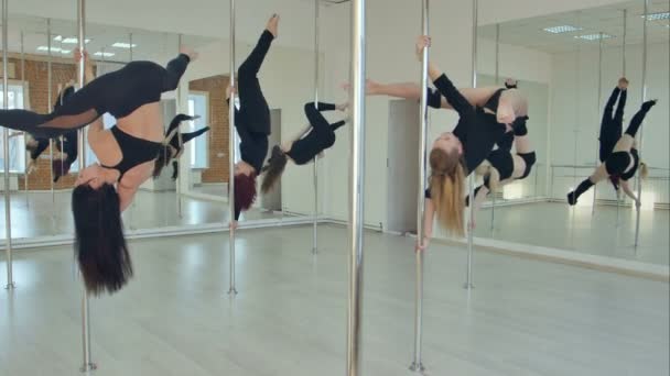 Cinq sexy slim femmes équipe pole dance formation dans la salle de danse — Video