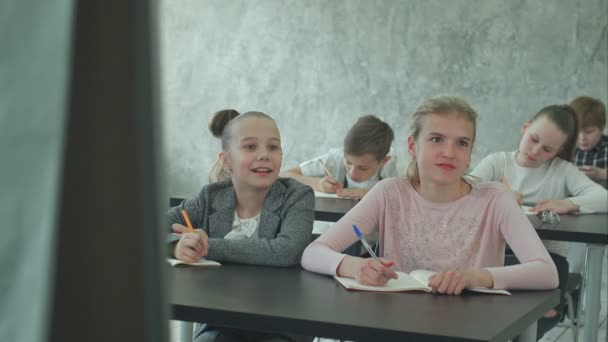 Kinderen luisteren naar een leraar, beantwoorden vragen en werken aan klassenproject — Stockvideo