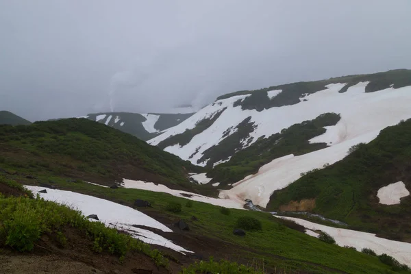 Un pequeño valle de géiseres cerca de la central eléctrica geoeléctrica de Mutnovsky en Kamchatka — Foto de Stock