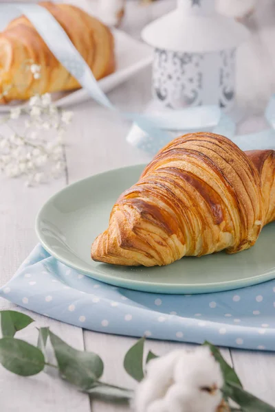 Delicious continental breakfast with fresh flaky french croissants, close up on the croissants. With white cotton flowers on a light wooden background. Provence rustic style — Stock Photo, Image