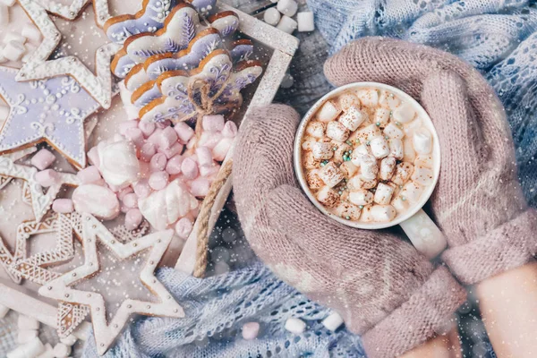 Hot Chocolate with Marshmallow candies. Warming holiday drink with gingerbread cookies. Warm Christmas. Female hands in mittens holding a cup — Stock Photo, Image