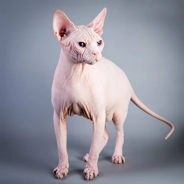 Sphynx Canadian hairless kitten on grey background, studio photo. — Stock Photo, Image