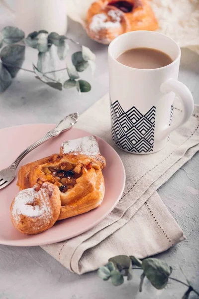 Homemade puff pastry with cherry and apple. Sweet tasty dessert with cup of coffe with milk. Hugge scandinavian style. Toned picture — Stock Photo, Image