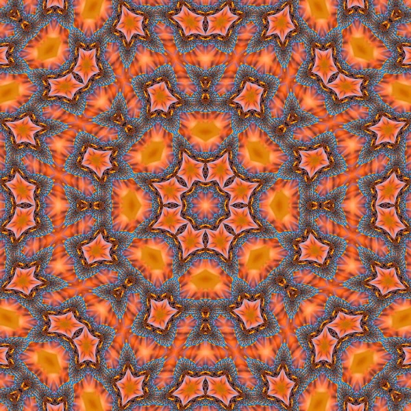 抽象的な正方形対称カラフルなマンダラの背景 デザインと装飾のためのシームレスな幾何学的パターンの装飾 ブラウン イエロー ブルー オレンジのパターン — ストック写真