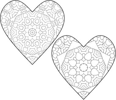 Çocuklar ve yetişkinler için iki boyama sayfası kümesi. Çocuklar için kalpler şeklinde küçük ayrıntılar ile basit boyama. Simetrik geometrik süsleme deseni.
