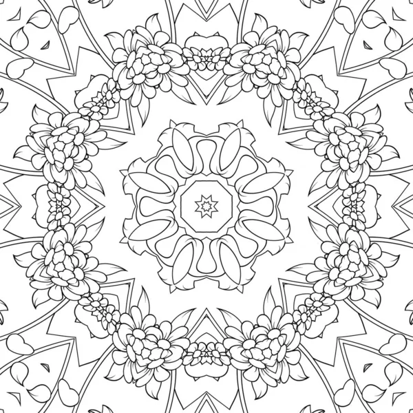 Simple floral coloring page for kids and adults. Seamless pattern with many details. Symmetric ornament for coloring. Template for design work.