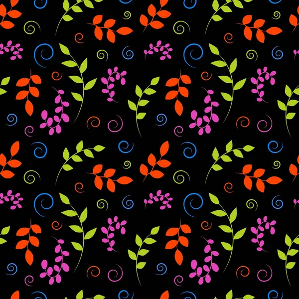 Bright Seamless Pattern Twigs Leaves Black Background Colorful Background Design — Stock Photo, Image