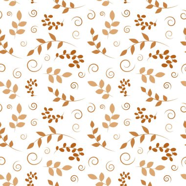 Beyaz arka planda dalları, yaprakları ve kıvrımları olan kusursuz bir desen. Tasarım ve dekorasyon için ambalaj, kapaklar, kartlar. Kumaşa yazdırma şablonu.