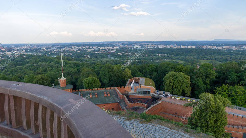 Aerial panoramic Krakow view from Kopiec Kostusko (Mound)