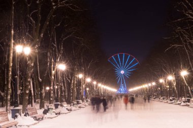 akşam Kharkiv kış park ve sokak lambası. Noel şehir ışıkları