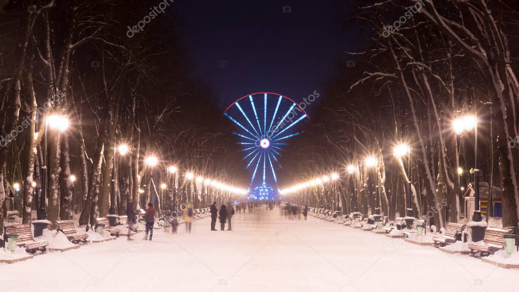 evening in Kharkiv winter park and street lamp. Christmas city lights