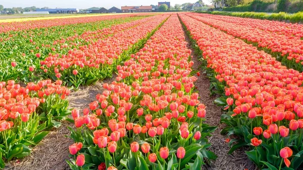 Cielo azul y paisaje de campo de tulipanes, holandés tradicional, Países Bajos, Europa Imagen De Stock