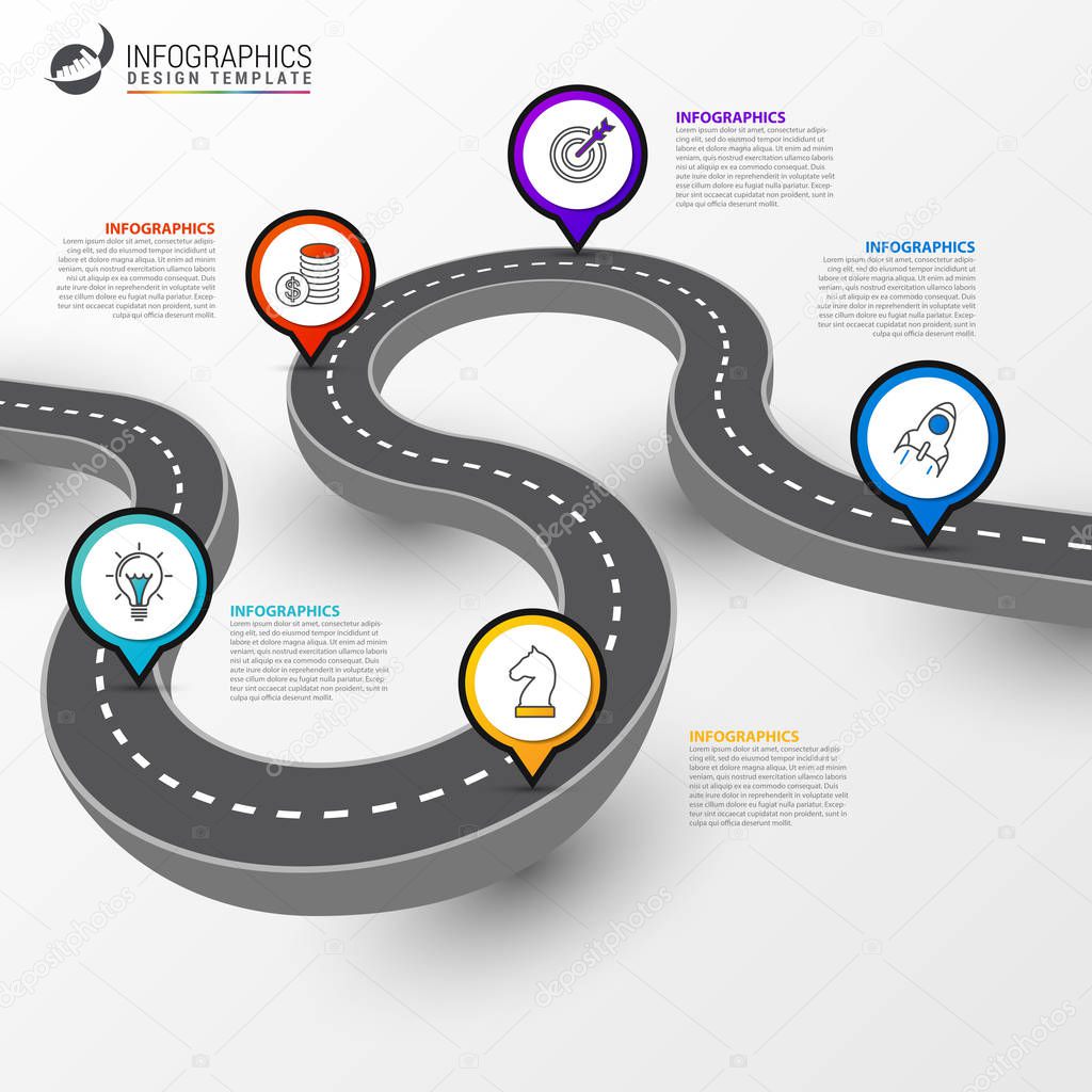 Infographic design template. Road diagram with 5 steps. Can be used for workflow layout, banner, webdesign. Vector illustration