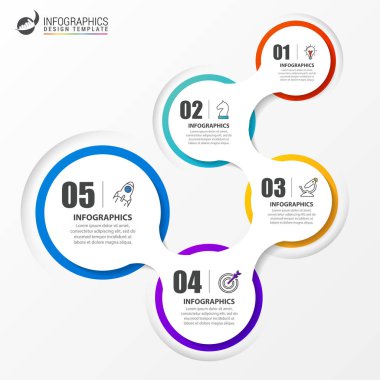 Infographic tasarım şablonu. Beş adımlı iş konsepti. İş akışı düzeni, diyagram, pankart, web tasarımı için kullanılabilir. Vektör illüstrasyonu
