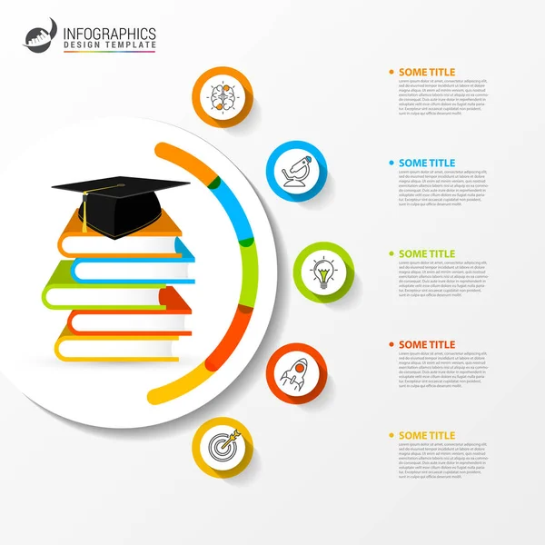 Infographic tasarım şablonu. Beş adımlı eğitim konsepti. İş akışı düzeni, diyagram, pankart, web tasarımı için kullanılabilir. Vektör illüstrasyonu