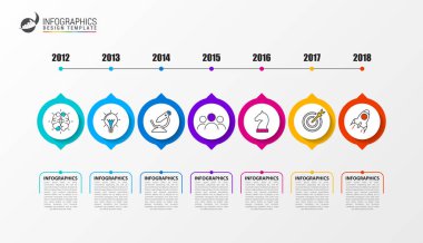 Infographic tasarım şablonu. Zaman çizelgesi kavramı ile 7 adımlar. Kullanılabilir iş akışı düzeni, diyagram, afiş, webdesign için. Vektör çizim