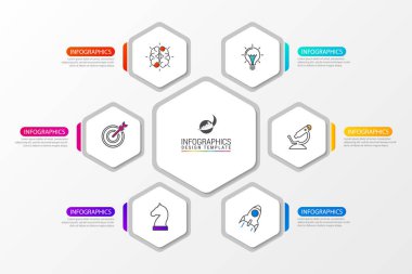 Infographic tasarım şablonu. 6 basamaklı yaratıcı bir kavram. İş akışı düzeni, diyagram, pankart, web tasarımı için kullanılabilir. Vektör illüstrasyonu