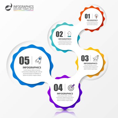 Infographic tasarım şablonu. 5 adımlı yaratıcı bir kavram. İş akışı düzeni, diyagram, pankart, web tasarımı için kullanılabilir. Vektör illüstrasyonu