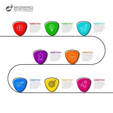 Infographic tasarım şablonu. 8 adımlı yaratıcı bir kavram. İş akışı düzeni, diyagram, pankart, web tasarımı için kullanılabilir. Vektör illüstrasyonu