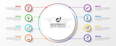 Infographic tasarım şablonu. 8 adımlı yaratıcı bir kavram. İş akışı düzeni, diyagram, pankart, web tasarımı için kullanılabilir. Vektör illüstrasyonu