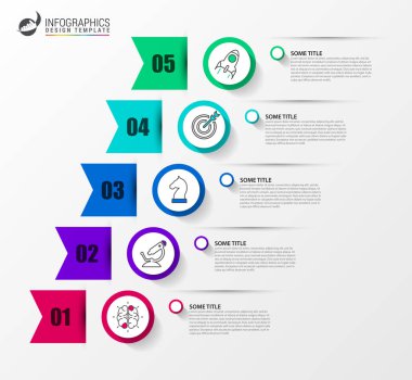 Infographic tasarım şablonu. 5 adımlı yaratıcı bir kavram. İş akışı düzeni, diyagram, pankart, web tasarımı için kullanılabilir. Vektör illüstrasyonu