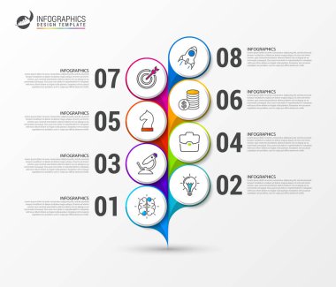 Infographic tasarım şablonu. 8 adımlı yaratıcı bir kavram. İş akışı düzeni, diyagram, pankart, web tasarımı için kullanılabilir. Vektör illüstrasyonu