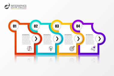 Infographic tasarım şablonu. Dört adımlı yaratıcı bir kavram. İş akışı düzeni, diyagram, pankart, web tasarımı için kullanılabilir. Vektör illüstrasyonu