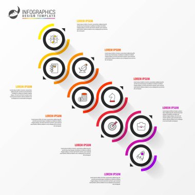 Infographic tasarım şablonu. 8 adımlı zaman çizelgesi konsepti. İş akışı düzeni, diyagram, pankart, web tasarımı için kullanılabilir. Vektör illüstrasyonu