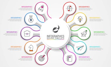 Infographic tasarım şablonu. 10 adımlı yaratıcı bir kavram. İş akışı düzeni, diyagram, pankart, web tasarımı için kullanılabilir. Vektör illüstrasyonu