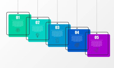 Infographic tasarım şablonu. 5 adımlı yaratıcı bir kavram. İş akışı düzeni, diyagram, pankart, web tasarımı için kullanılabilir. Vektör illüstrasyonu