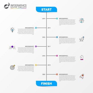 Infographic tasarım şablonu. Zaman çizelgesi kavramı ile 7 adımlar. Kullanılabilir iş akışı düzeni, diyagram, afiş, webdesign için. Vektör çizim