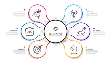 Infographic tasarım şablonu. 6 basamaklı yaratıcı bir kavram. İş akışı düzeni, diyagram, pankart, web tasarımı için kullanılabilir. Vektör illüstrasyonu