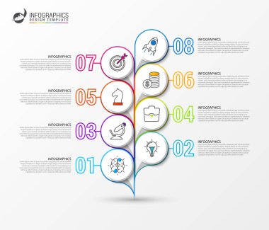 Infographic tasarım şablonu. 8 adımlı yaratıcı bir kavram. İş akışı düzeni, diyagram, pankart, web tasarımı için kullanılabilir. Vektör illüstrasyonu