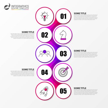 Infographic tasarım şablonu. 5 adımlı yaratıcı bir kavram. İş akışı düzeni, diyagram, pankart, web tasarımı için kullanılabilir. Vektör illüstrasyonu