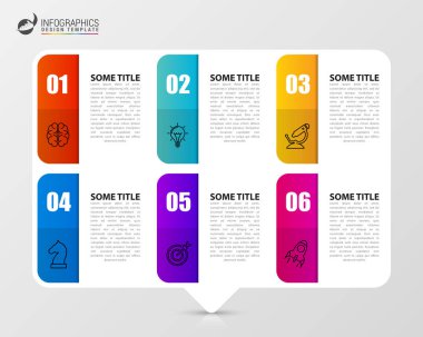 Infographic tasarım şablonu. 6 basamaklı yaratıcı bir kavram. İş akışı düzeni, diyagram, pankart, web tasarımı için kullanılabilir. Vektör illüstrasyonu