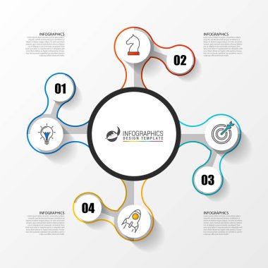 Infographic tasarım şablonu. Dört adımlı yaratıcı bir kavram. İş akışı düzeni, diyagram, pankart, web tasarımı için kullanılabilir. Vektör illüstrasyonu
