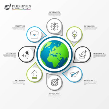 Infographic tasarım şablonu. 8 adımlı yaratıcı bir kavram. İş akışı düzeni, diyagram, pankart, web tasarımı için kullanılabilir. Vektör illüstrasyonu