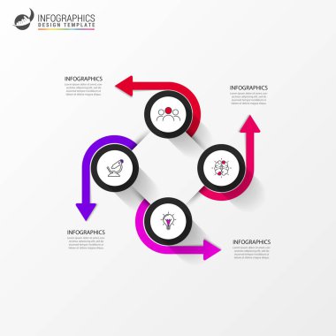 Infographic tasarım şablonu. Dört adımlı yaratıcı bir kavram. İş akışı düzeni, diyagram, pankart, web tasarımı için kullanılabilir. Vektör illüstrasyonu