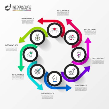 Infographic tasarım şablonu. 8 adımlı yaratıcı bir kavram. İş akışı düzeni, diyagram, pankart, web tasarımı için kullanılabilir. Vektör illüstrasyonu