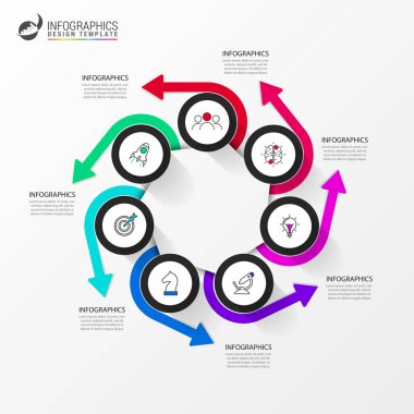 Infographic tasarım şablonu. 7 aşamalı yaratıcı bir kavram. İş akışı düzeni, diyagram, pankart, web tasarımı için kullanılabilir. Vektör illüstrasyonu