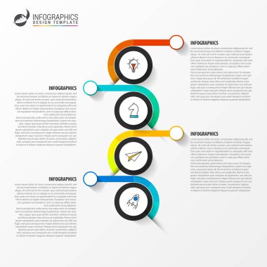 Infographic tasarım şablonu. 4 adımlı zaman çizelgesi konsepti. İş akışı düzeni, diyagram, pankart, web tasarımı için kullanılabilir. Vektör illüstrasyonu