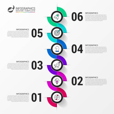 Infographic tasarım şablonu. 6 basamaklı yaratıcı bir kavram. İş akışı düzeni, diyagram, pankart, web tasarımı için kullanılabilir. Vektör illüstrasyonu