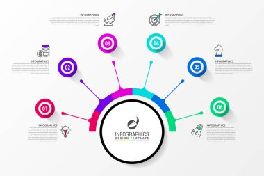 Infographic tasarım şablonu. 6 basamaklı yaratıcı bir kavram. İş akışı düzeni, diyagram, pankart, web tasarımı için kullanılabilir. Vektör illüstrasyonu