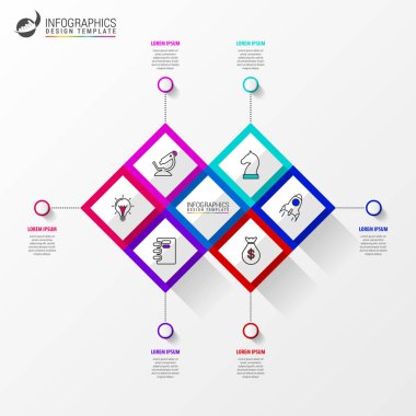 Infographic tasarım şablonu. 6 basamaklı yaratıcı bir kavram. İş akışı düzeni, diyagram, pankart, web tasarımı için kullanılabilir. Vektör illüstrasyonu