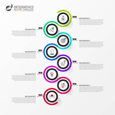 Infographic tasarım şablonu. 8 adımlı zaman çizelgesi konsepti. İş akışı düzeni, diyagram, pankart, web tasarımı için kullanılabilir. Vektör illüstrasyonu